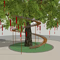 Elevated Bridge Around Giant Tree With Hanging Red Banners In Misty Forest