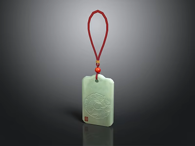 Elegant Green Jade Pendant Carving With Intricate Pattern And Red String 3d model