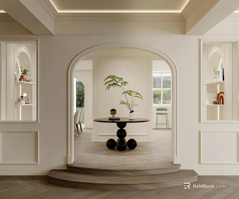 Modern Cream White Embedded Entry Side Cabinet With Recessed Display Shelves For Chic Foyer Interior 3d model 