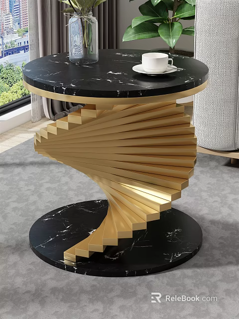 Modern Luxury Side Table With Black Marble Top And Golden Spiral Base Design 3d model 