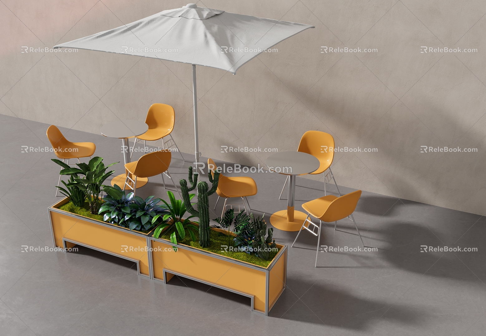 Outdoor leisure tables and chairs green plant enclosure umbrellas 3d model