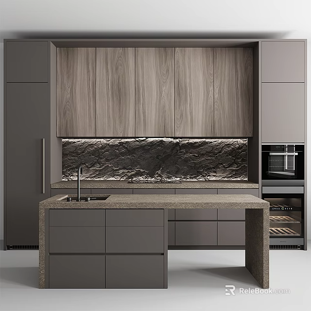 Modern Kitchen Interior Design With Wooden Cabinets Stone Backsplash Countertop And Appliances 3d model 