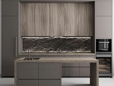 Modern Kitchen Interior Design With Wooden Cabinets Stone Backsplash Countertop And Appliances 3d model