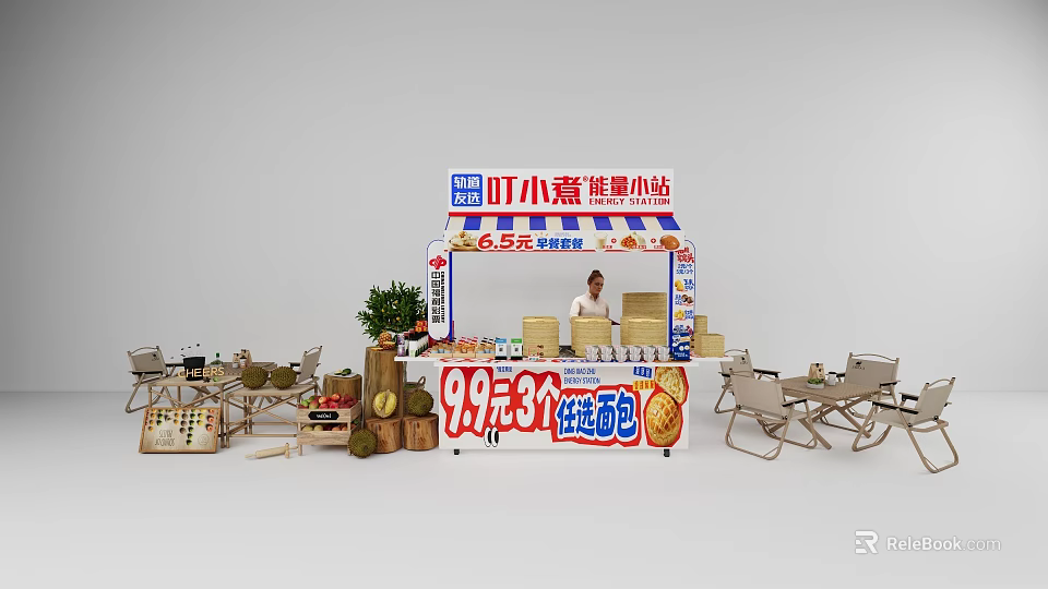 Cozy Street Food Restaurant With Fresh Fruits Affordable Meat Buns And Outdoor Seating 3d model 