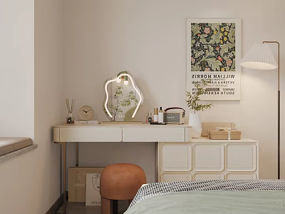 Modern Dressing Table With White Countertop Decorative Mirror Drawers Floor Lamp And Potted Plant 3d model