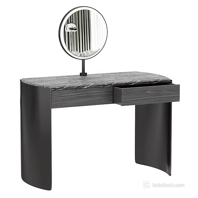 Modern Dressing Table With Marble Top Drawer And Round Mirror Design 3d model 