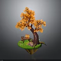 Tree with orange leaves on green island with beehive bench and rock