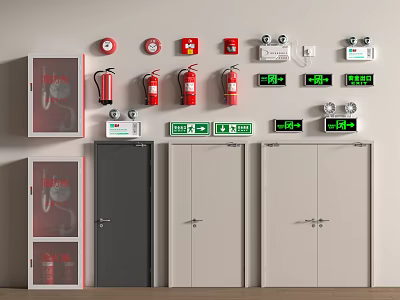 Wall Mounted Fire Safety Equipment With Extinguishers Exit Signs And Doors 3d model