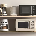 Different Kitchen Appliances With Coffee Makers And Microwaves On Wooden Shelves