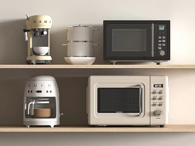 Different Kitchen Appliances With Coffee Makers And Microwaves On Wooden Shelves 3d model