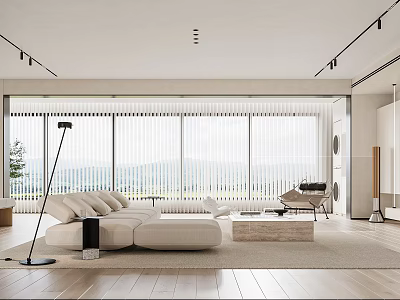 Modern Minimalist Living Room Interior With Beige Sofa Floor to Ceiling Windows And Distant Scenery 3d model