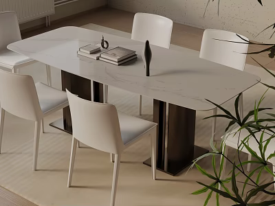 Modern Dining Table Set With White Chairs And Metal Legs In Minimalist Interior 3d model