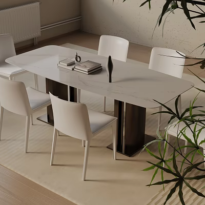 Modern Dining Table Set With White Chairs And Metal Legs In Minimalist Interior 3d model