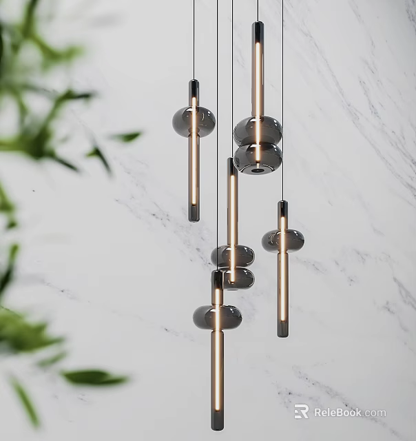 Modern Metal Chandelier With Cylindrical Rods Hanging Over Marble Wall With Green Plants 3d model 