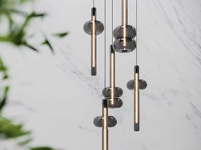 Modern Metal Chandelier With Cylindrical Rods Hanging Over Marble Wall With Green Plants 3d model
