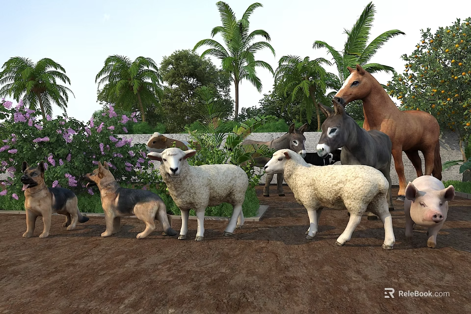 Farm Animals Including Horses Donkeys Sheep Dogs Pig Near Palm Trees Green Plants Purple Flowers 3d model 