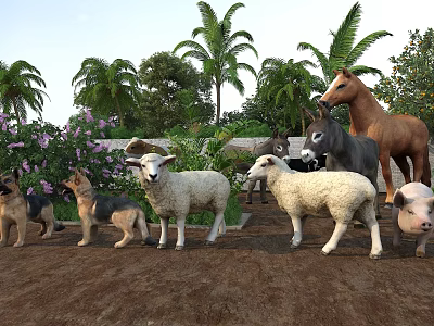 Farm Animals Including Horses Donkeys Sheep Dogs Pig Near Palm Trees Green Plants Purple Flowers 3d model
