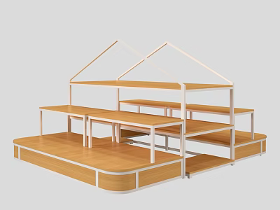 Wooden Display Shelves With White Metal Frames And Multi Tiered Stepped Structure For Product 3d model
