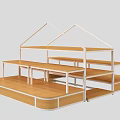 Wooden Display Shelves With White Metal Frames And Multi Tiered Stepped Structure For Product