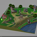 Ancient Village Scene With Stone Cottages Walls Green Trees Winding Path And River