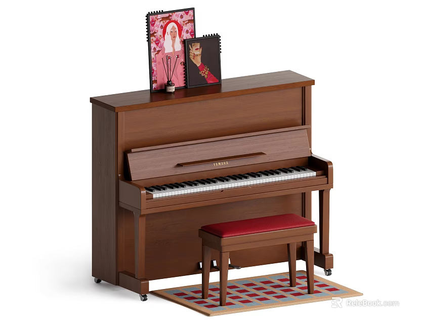 Piano Room With Brown Upright Piano Red Stool And Checkered Rug 3d model 