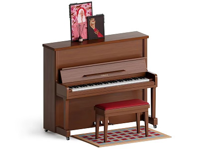 Piano Room With Brown Upright Piano Red Stool And Checkered Rug 3d model