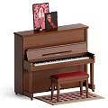 Piano Room With Brown Upright Piano Red Stool And Checkered Rug