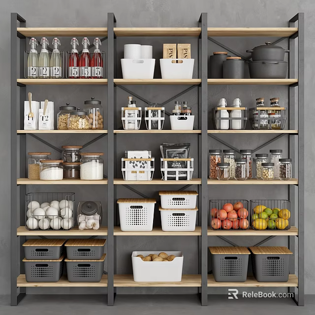 Organized Kitchen Shelves With Various Kitchenware Storage Containers Jars Bowls And Fruit Baskets 3d model 