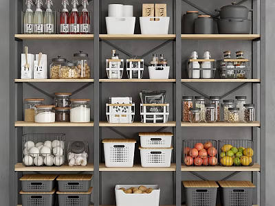 Organized Kitchen Shelves With Various Kitchenware Storage Containers Jars Bowls And Fruit Baskets 3d model