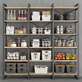Organized Kitchen Shelves With Various Kitchenware Storage Containers Jars Bowls And Fruit Baskets 3d model