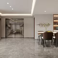 Modern Living And Dining Room With Wooden Accent Wall Large Screen TV White Armchair Open Kitchen And Dining Table