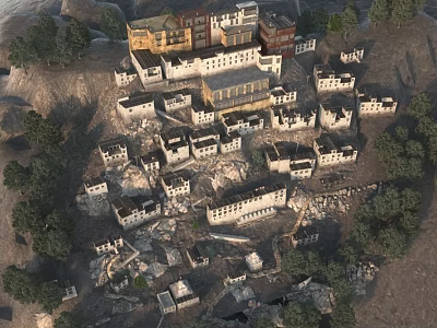 Ancient Stone Structures on Hillside with Various Architectural Styles and Ruin Elements Surrounded by Trees 3d model