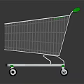 Metal Shopping Cart With Green Handle And Four Wheels On Reflective Surface