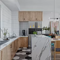 Modern Open Kitchen Dining Room Interior With Marble Island Wooden Cabinets And Dining Table