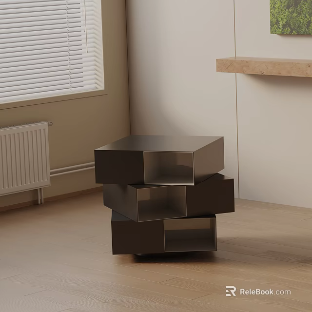 Modern Stacked Black Cube Shaped Bedside Table With Wooden Floor And Wall Shelf 3d model 