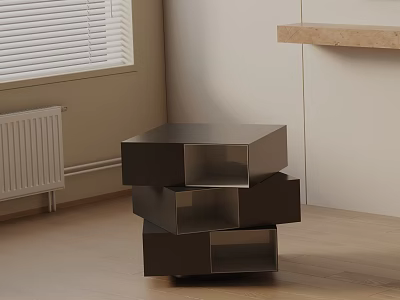 Modern Stacked Black Cube Shaped Bedside Table With Wooden Floor And Wall Shelf 3d model
