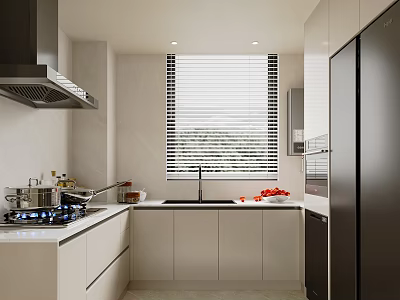 Sleek Modern Kitchen Interior With White Cabinets Black Fridge Sink And Gas Stove 3d model