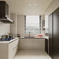 Sleek Modern Kitchen Interior With White Cabinets Black Fridge Sink And Gas Stove
