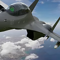 Two fighter jets flying in blue sky with white clouds and coastal ocean view below