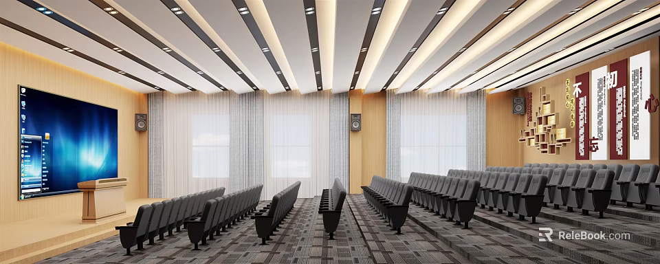 School Assembly Hall Interior With Modern Lighting Arranged Black Seats Wooden Walls And Audio Speaker 3d model 