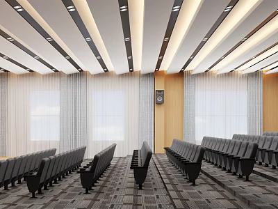 School Assembly Hall Interior With Modern Lighting Arranged Black Seats Wooden Walls And Audio Speaker 3d model