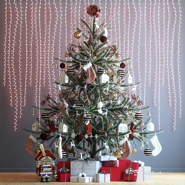 Festive Christmas Tree Decorated With Ornaments Stockings String Lights And Holiday Gifts 3d model 