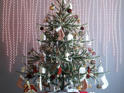 Festive Christmas Tree Decorated With Ornaments Stockings String Lights And Holiday Gifts 3d model