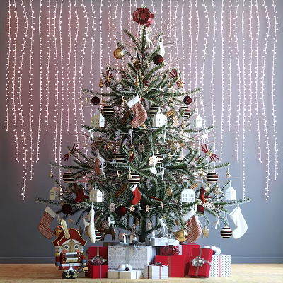 Festive Christmas Tree Decorated With Ornaments Stockings String Lights And Holiday Gifts 3d model
