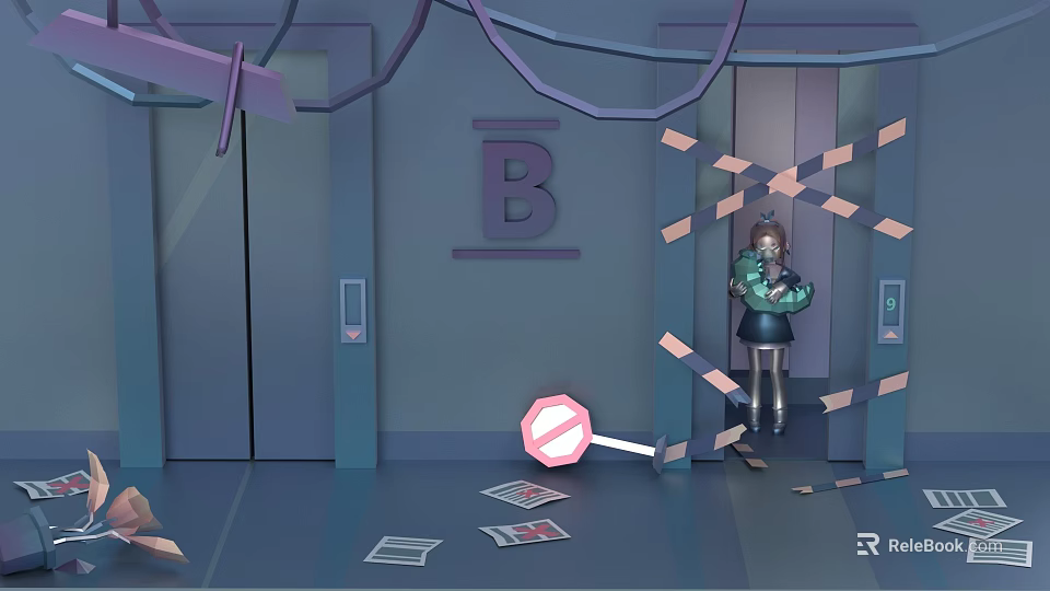 Reptile Near B Floor Elevator With Taped Door Scattered Papers And No Entry Sign 3d model 