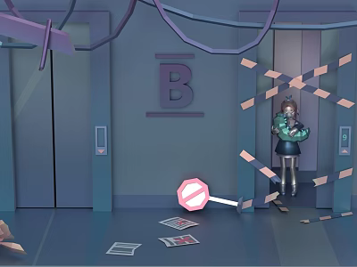 Reptile Near B Floor Elevator With Taped Door Scattered Papers And No Entry Sign 3d model