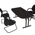 Dark Wooden Office Desk With Three Black Ergonomic Chairs And Modern Setup
