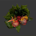 Vibrant Tropical Flower Arrangement In Colorful Glass Vase With Green Leaves And Red Blooms