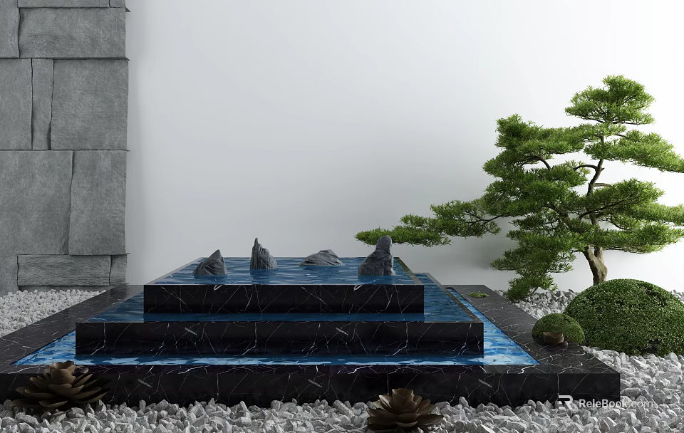 Garden Ornament Black Marble Tiered Fountain With Flowing Water Green Pine Tree White Pebbles 3d model 