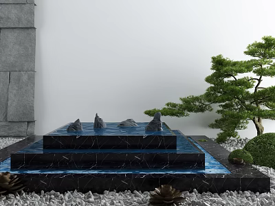 Garden Ornament Black Marble Tiered Fountain With Flowing Water Green Pine Tree White Pebbles 3d model